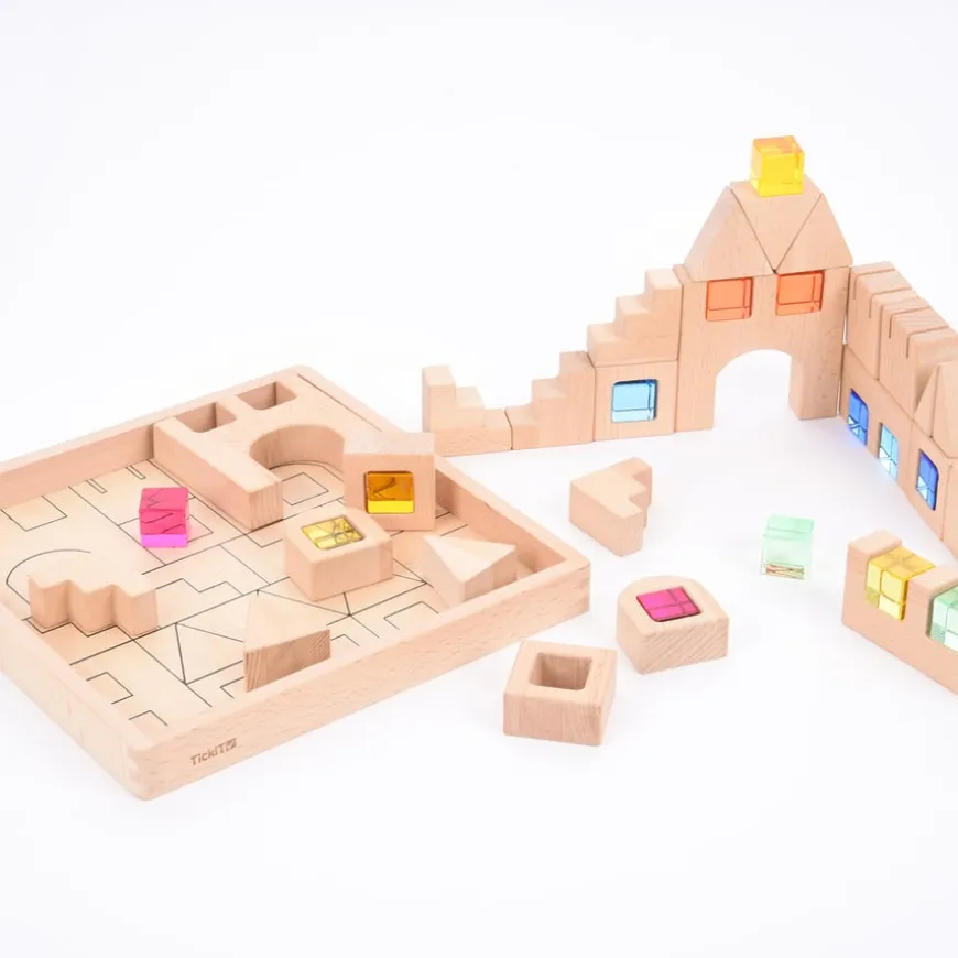 Construction Wooden Building Blocks and Acrylic Gems in Tray