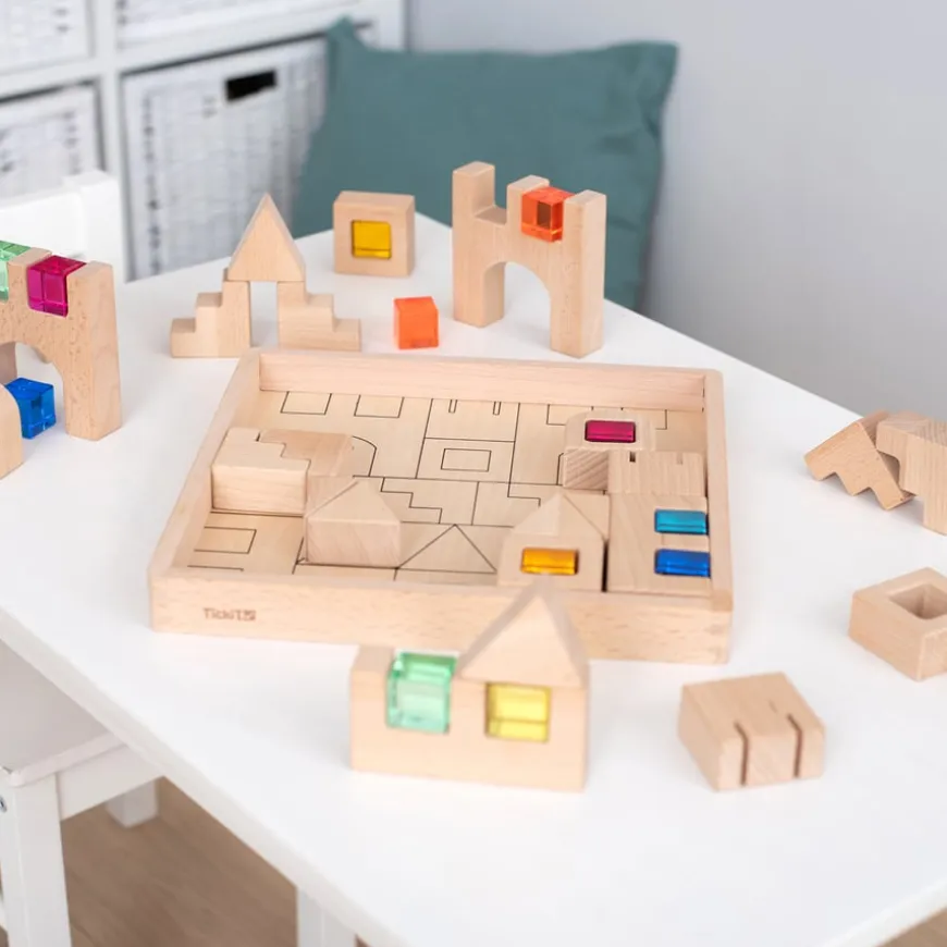 Construction Wooden Building Blocks and Acrylic Gems in Tray