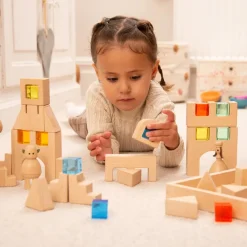 Construction Wooden Building Blocks and Acrylic Gems in Tray