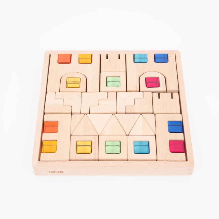 Construction Wooden Building Blocks and Acrylic Gems in Tray