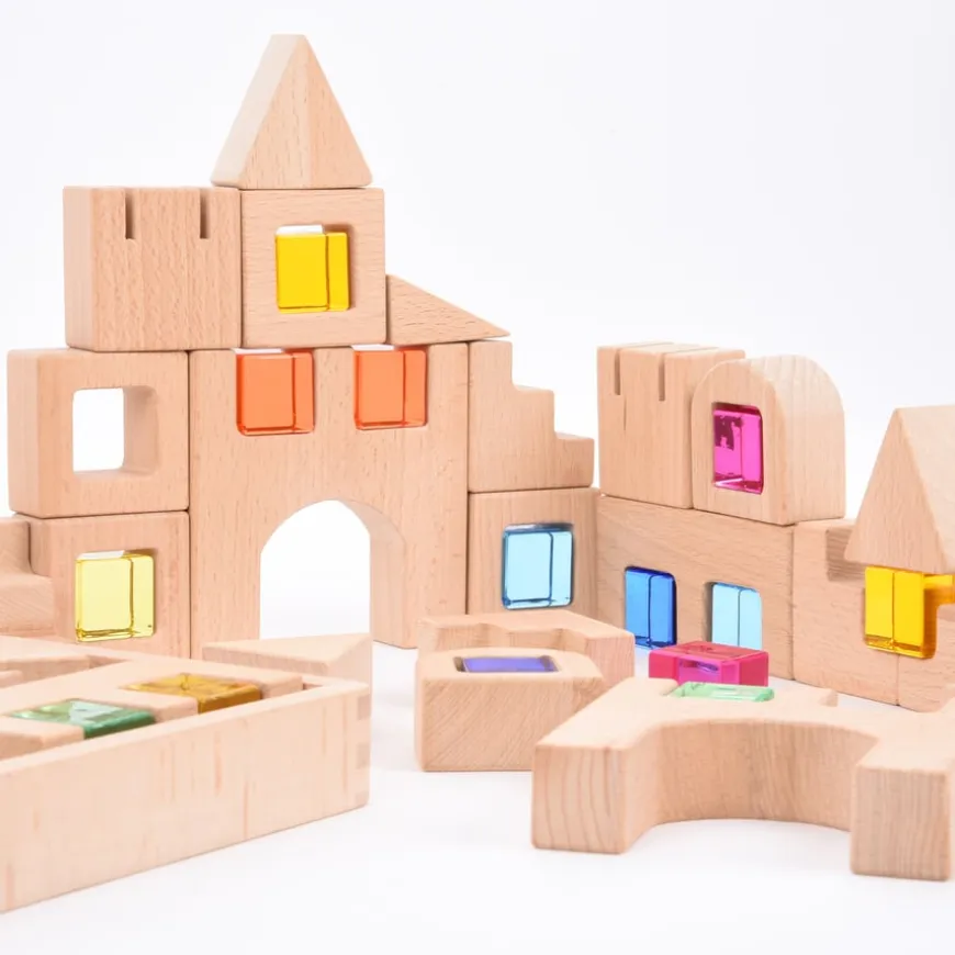 Construction Wooden Building Blocks and Acrylic Gems in Tray