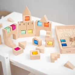 Construction Wooden Building Blocks and Acrylic Gems in Tray