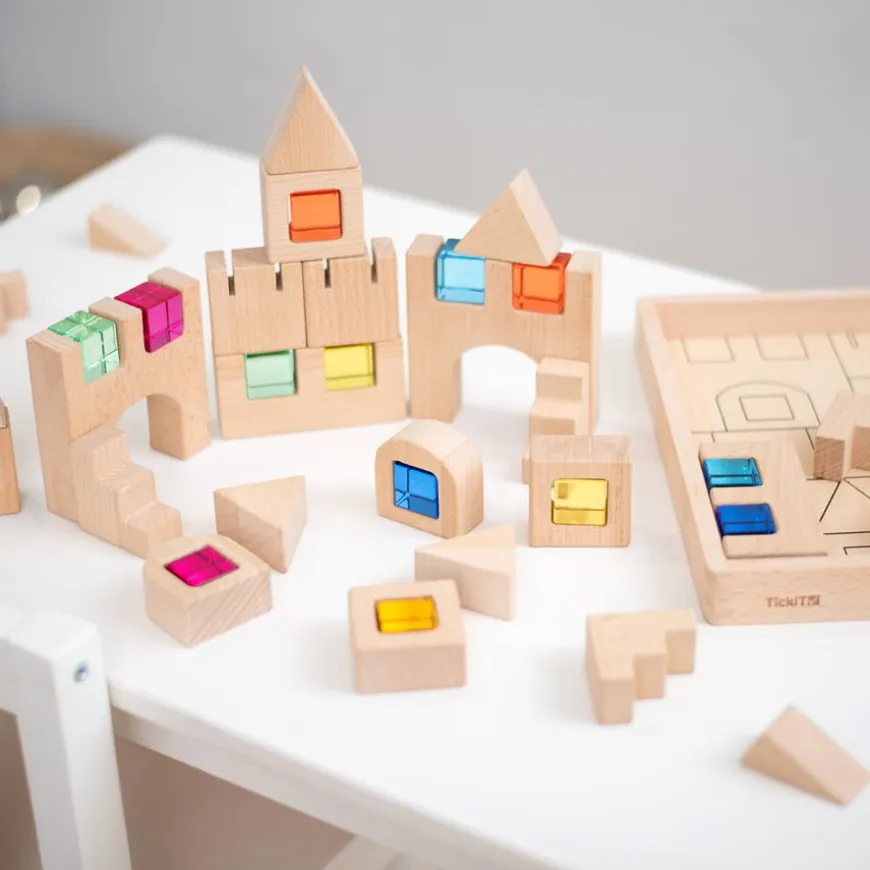 Construction Wooden Building Blocks and Acrylic Gems in Tray