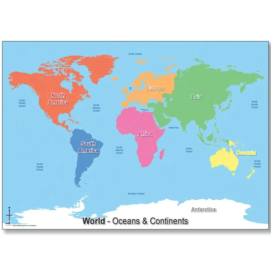 Continents & Ocean Map of The World A1