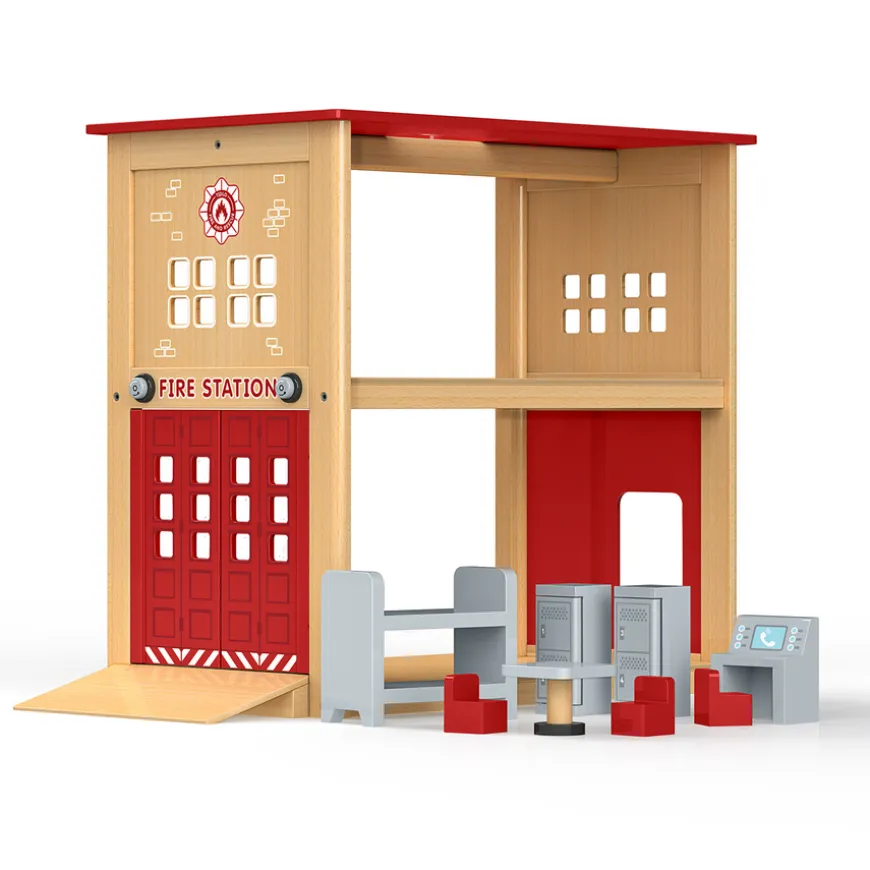 Fire Station and Furniture Wooden Play Set