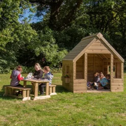 Outdoor Wooden Playhouse Shelter with Table & Benches