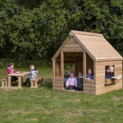 Outdoor Wooden Playhouse Shelter with Table & Benches
