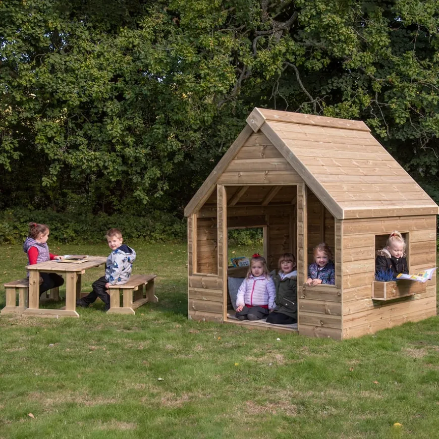 Outdoor Wooden Playhouse Shelter with Table & Benches