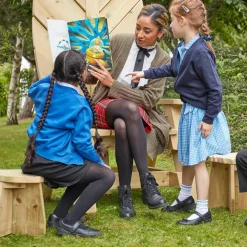 Storytellers' Wooden Chair and 6 Stools