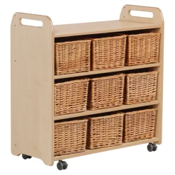 Wooden Mobile Storage Unit Wicker Baskets