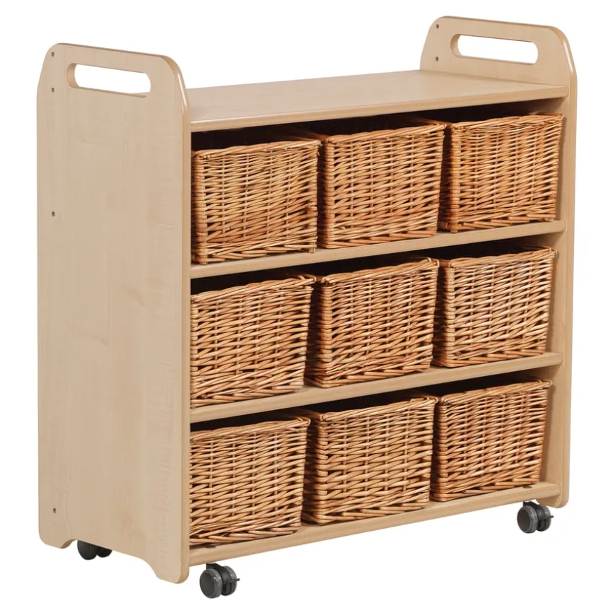 Wooden Mobile Storage Unit Wicker Baskets
